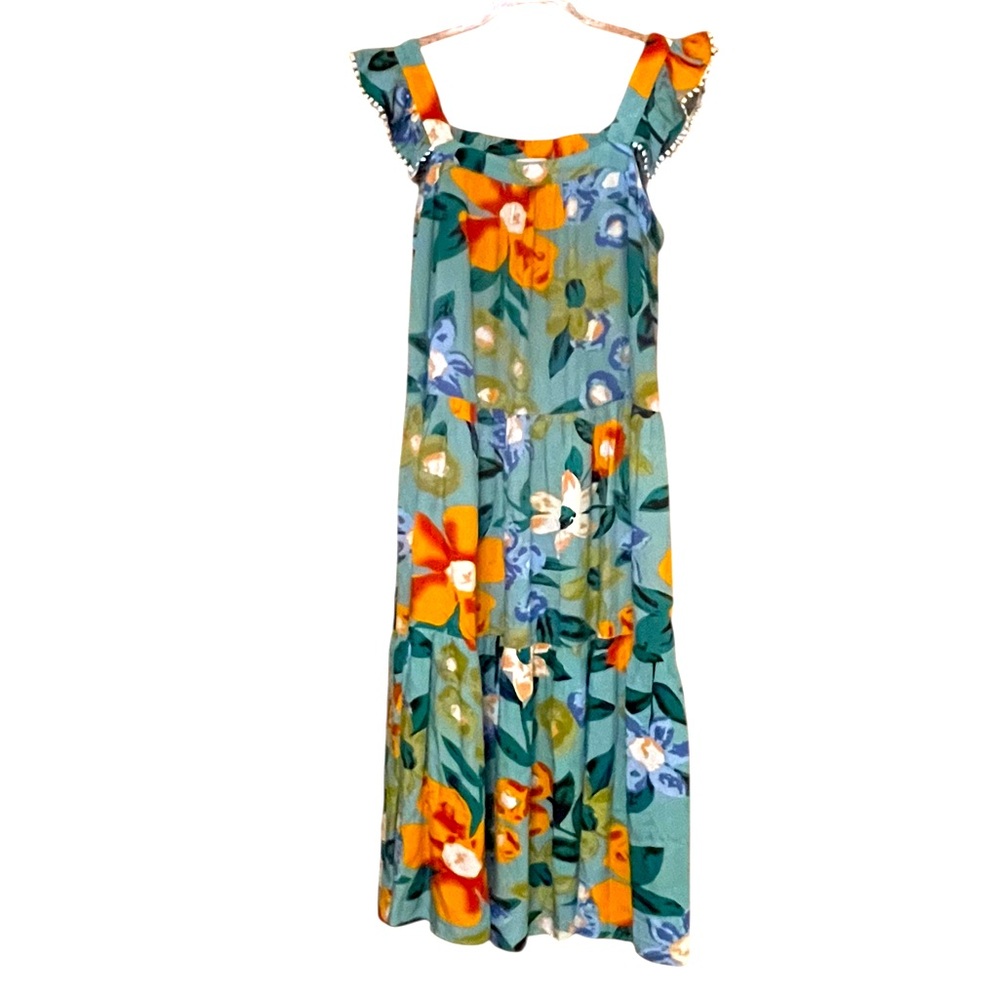 THML Teal Floral Midi Dress with Orange & Blue Blooms